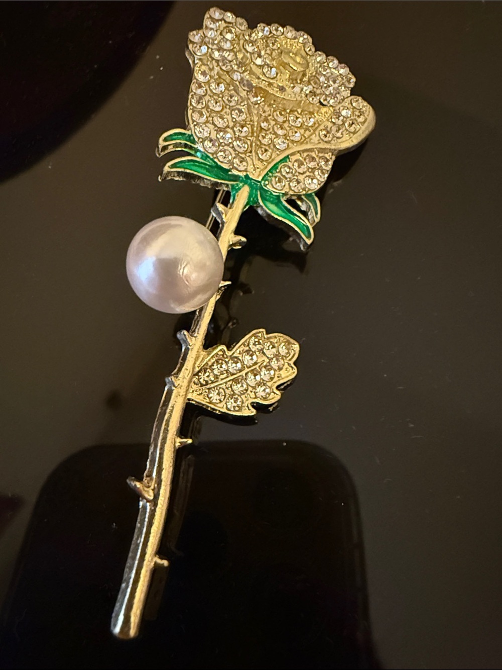 Gold Tone Crystal Rose Brooch with Pearl Accent - Women Jewelry
